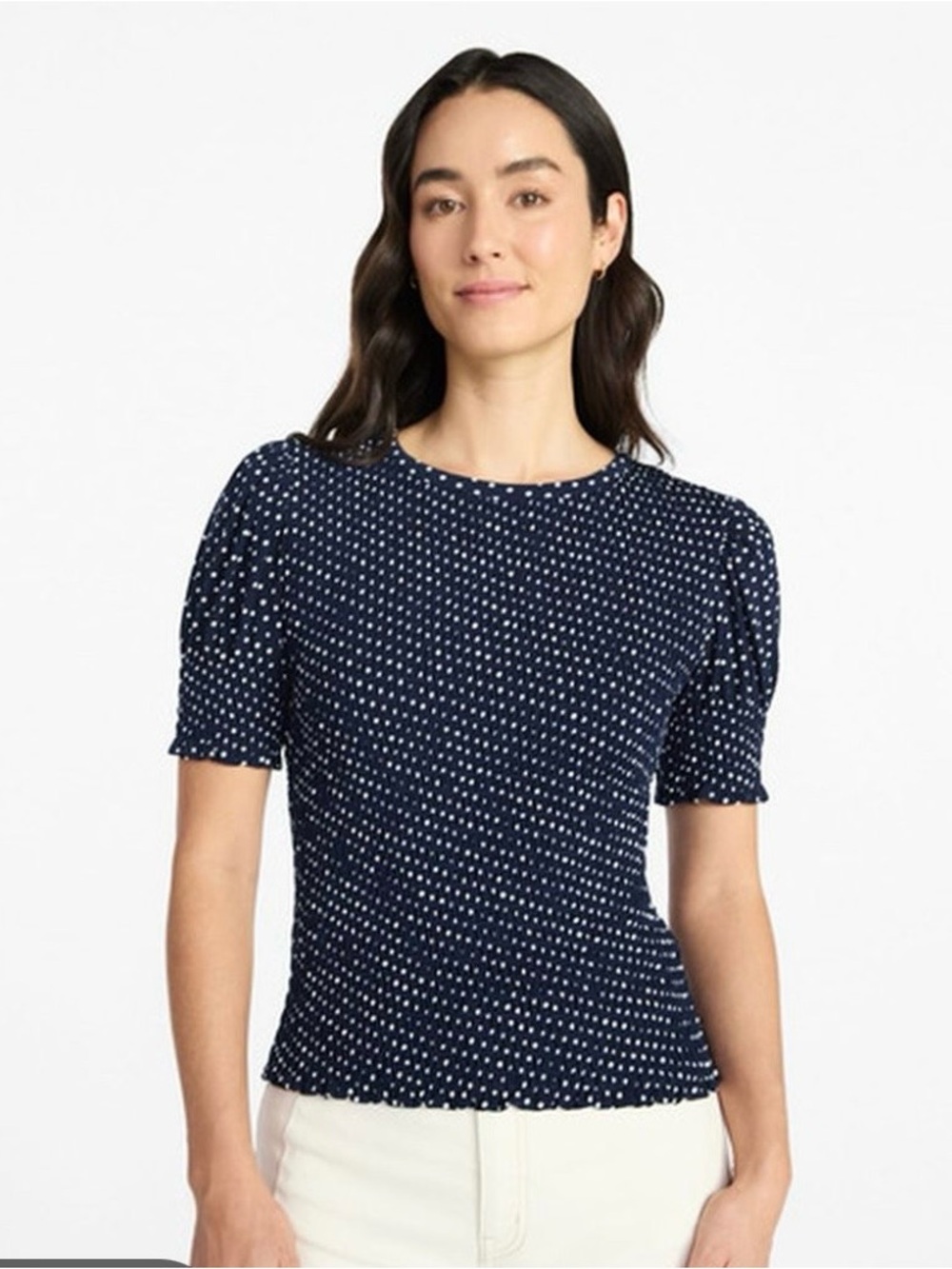 Time and Tru Navy and White Polka Dot Smocked Puff Sleeve Blouse